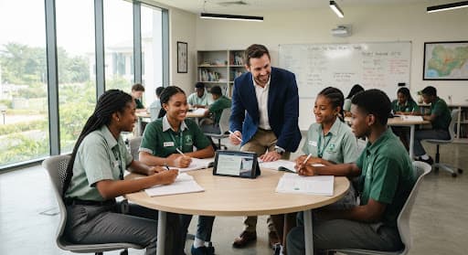 A teacher leading a lesson in a Nigerian secondary school classroom with students in uniform