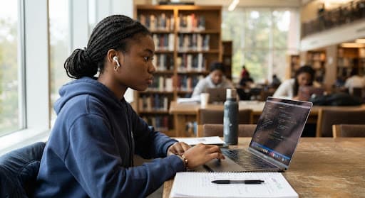 A student studying at a laptop in a school library