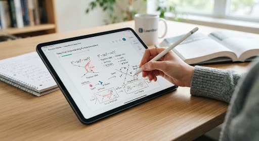 A student working through study material on a tablet