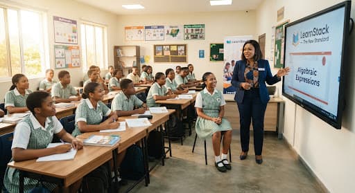 A teacher at an interactive smartboard in a Nigerian secondary school classroom