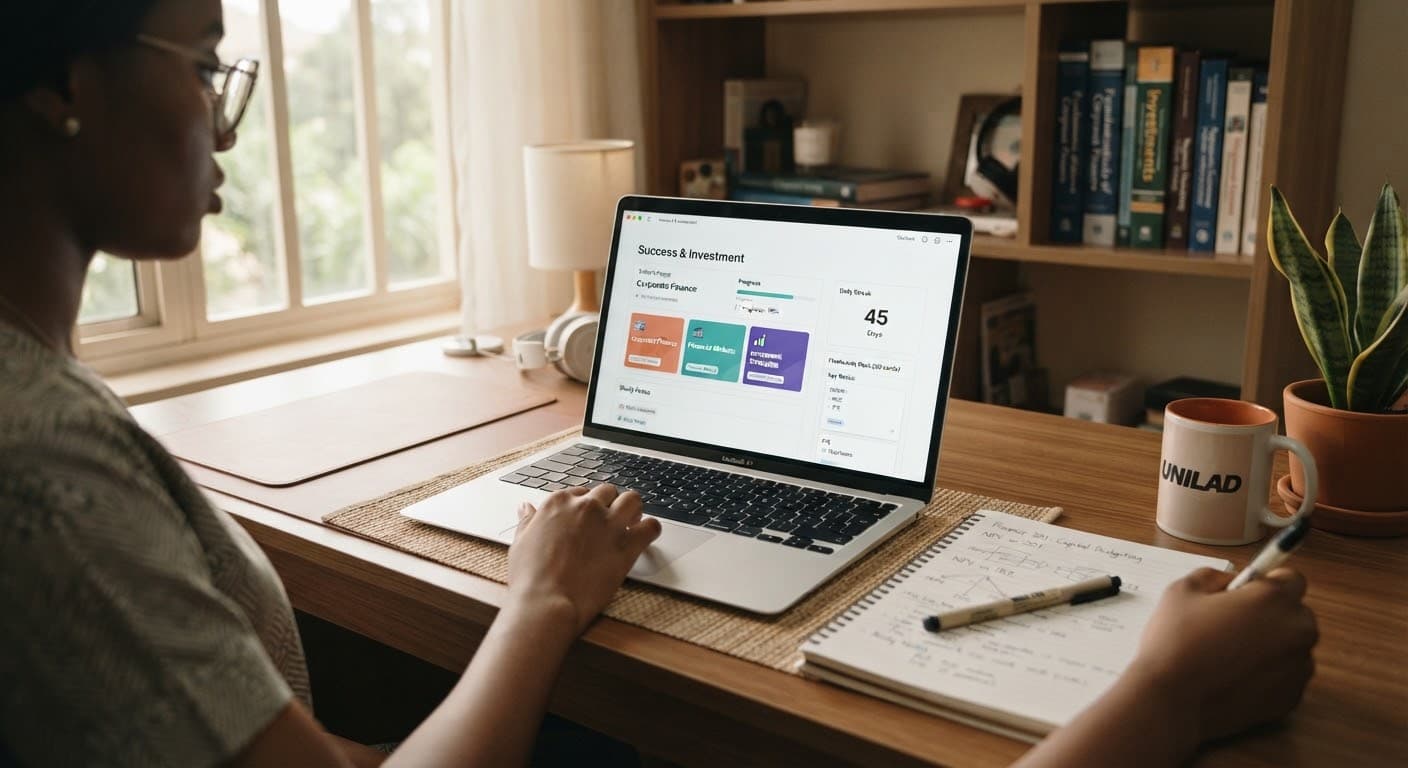A Nigerian student studying at a desk in a bright, modern room